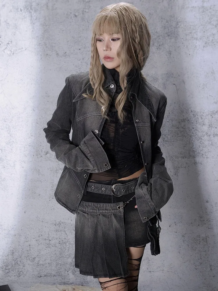 Punk Denim Pleated Skirt