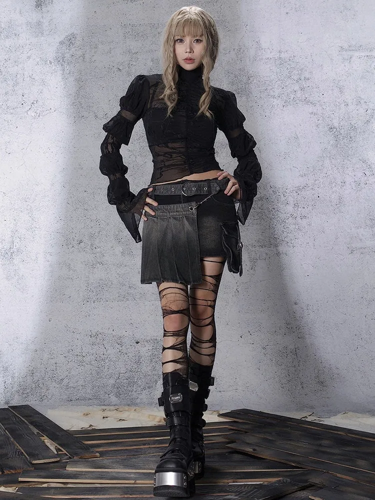 Punk Denim Pleated Skirt