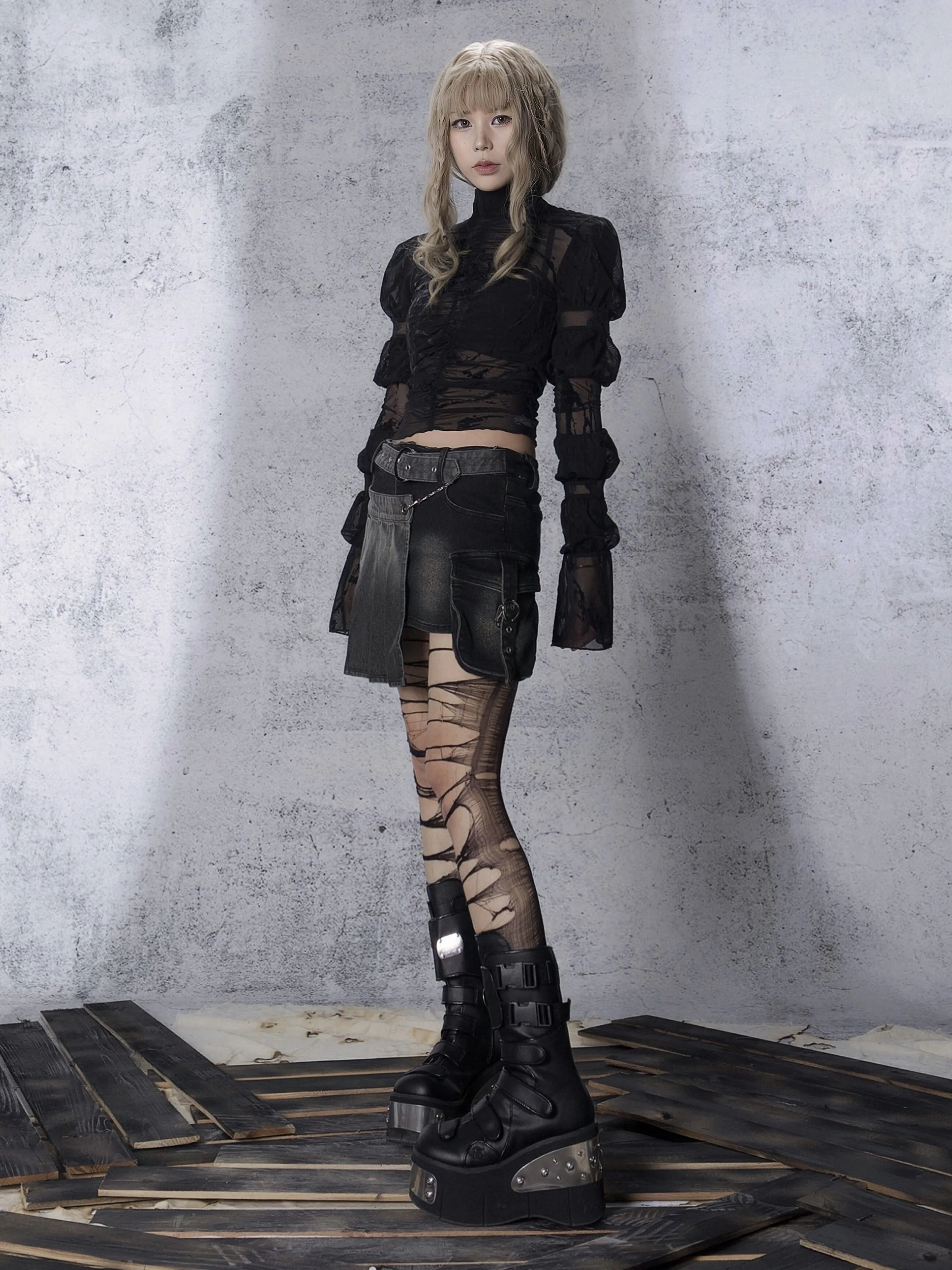 Punk Denim Pleated Skirt