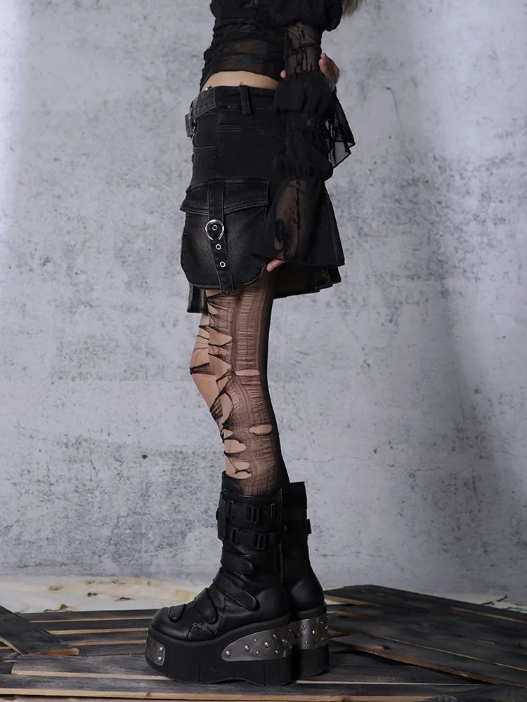 Punk Denim Pleated Skirt