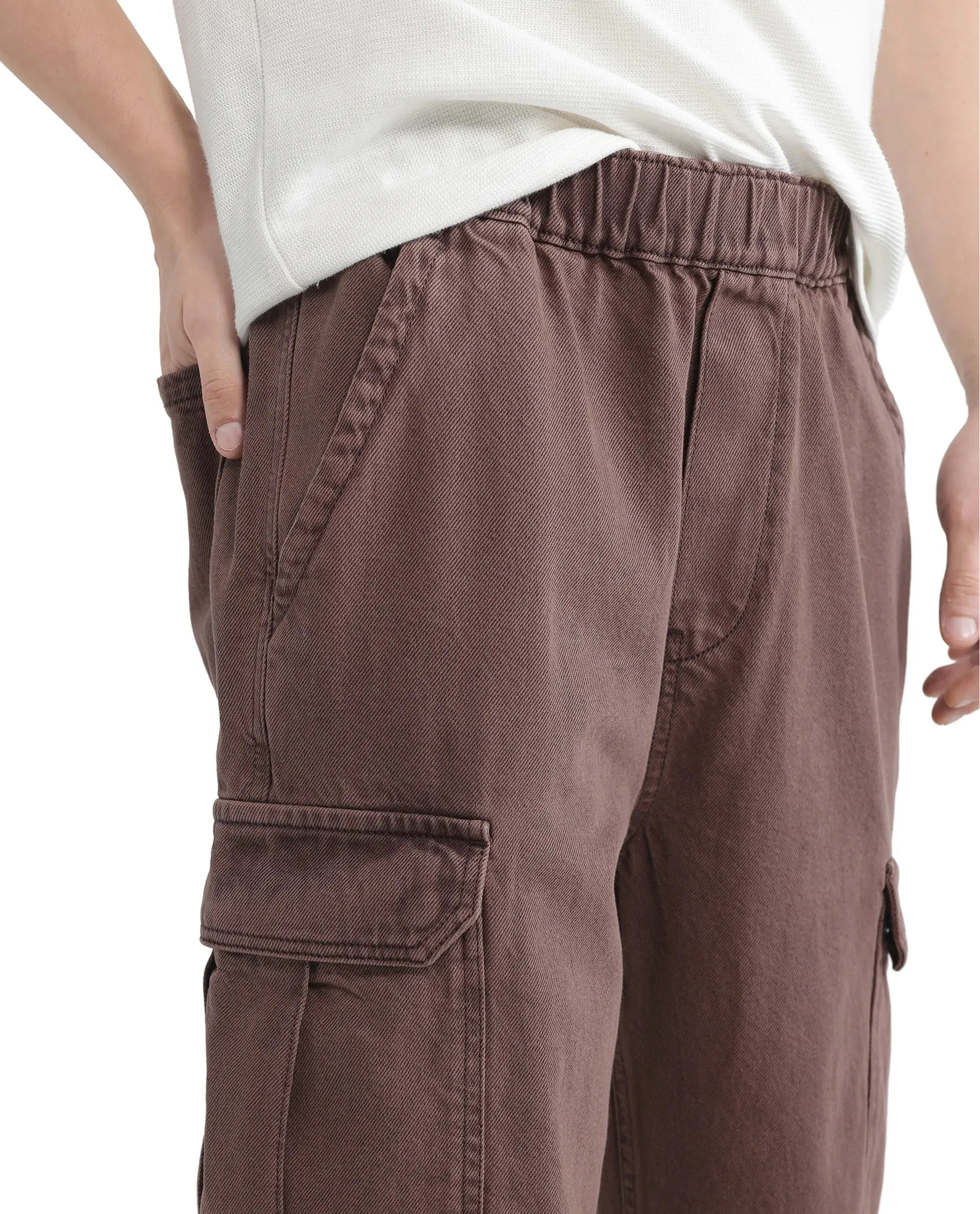 Rare Rabbit Men Hork Brown Cotton Fabric Elastic Waistband Multi Pocket Baggy Fit Cargo Style Jeans