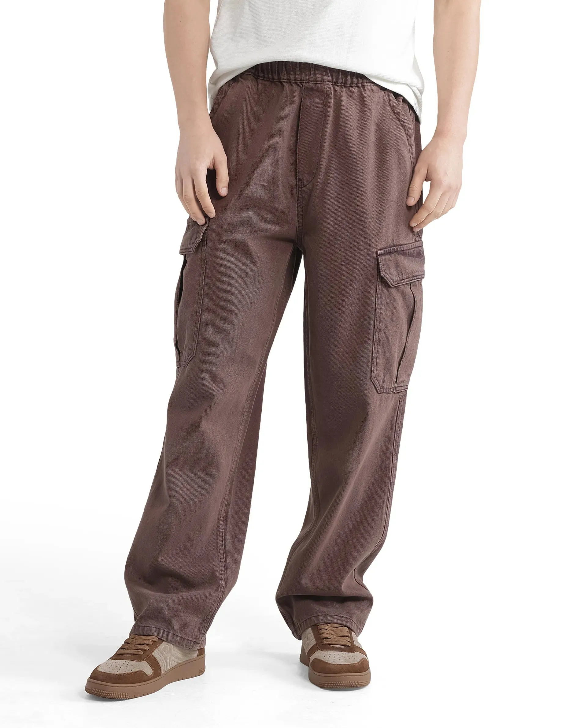 Rare Rabbit Men Hork Brown Cotton Fabric Elastic Waistband Multi Pocket Baggy Fit Cargo Style Jeans