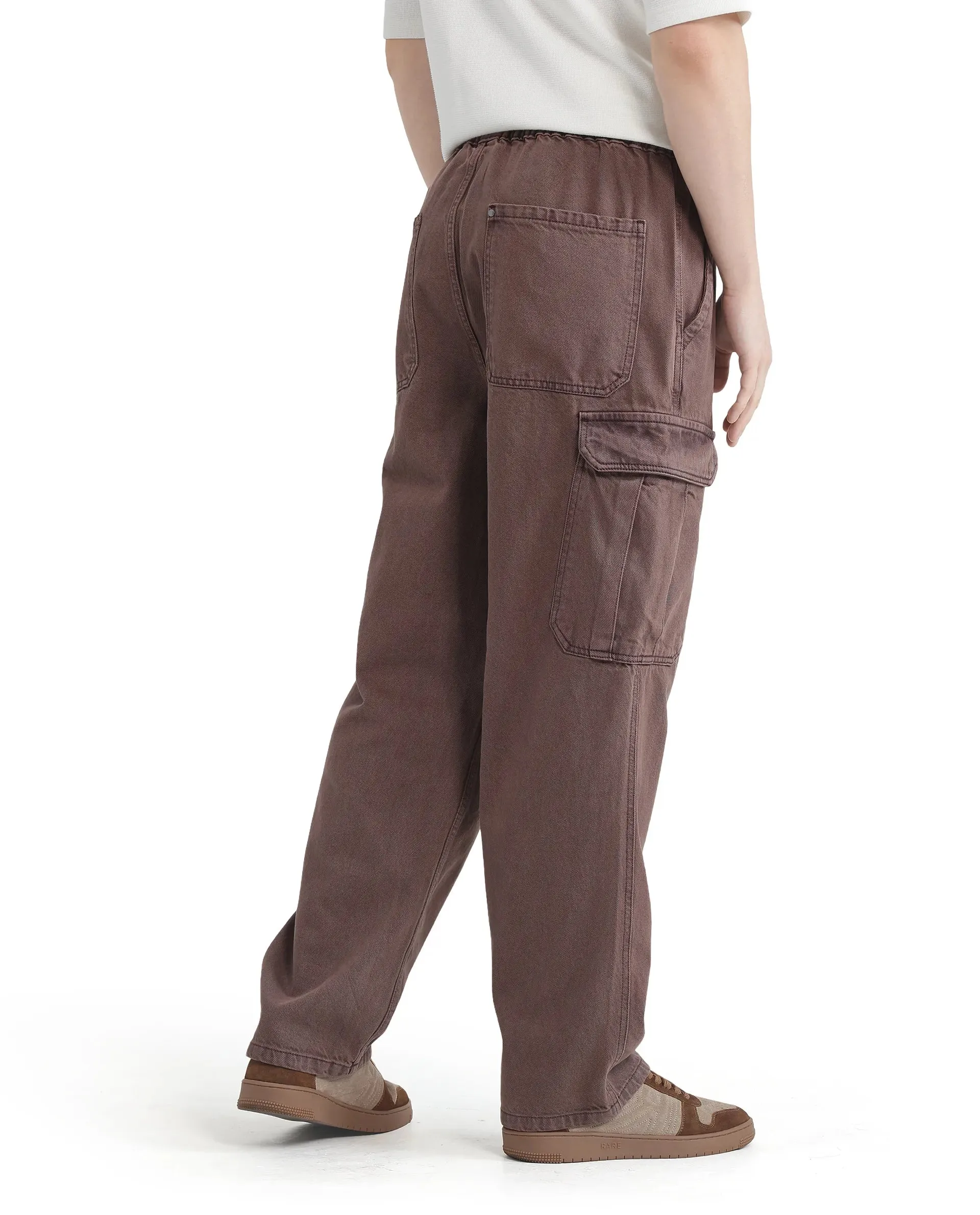 Rare Rabbit Men Hork Brown Cotton Fabric Elastic Waistband Multi Pocket Baggy Fit Cargo Style Jeans