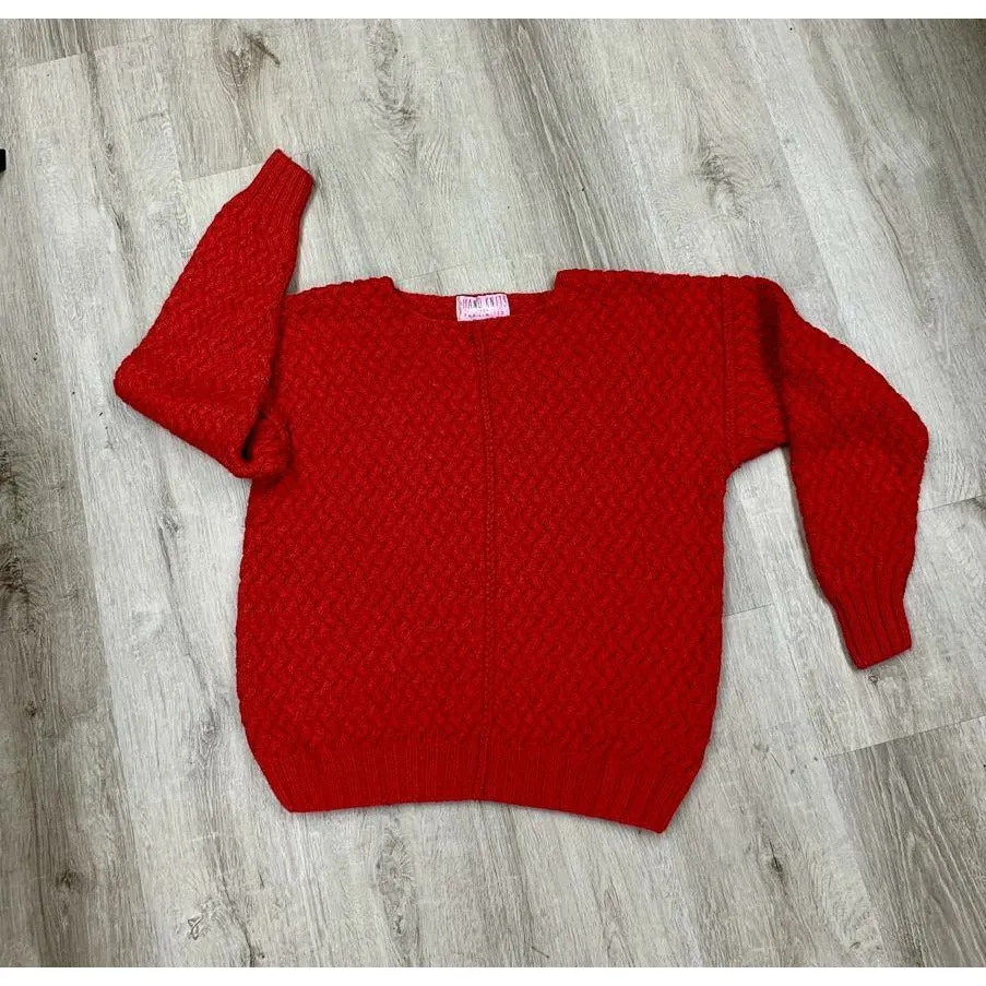 Red Cotton Handknit Pullover Sweater with all over cable design. Size M