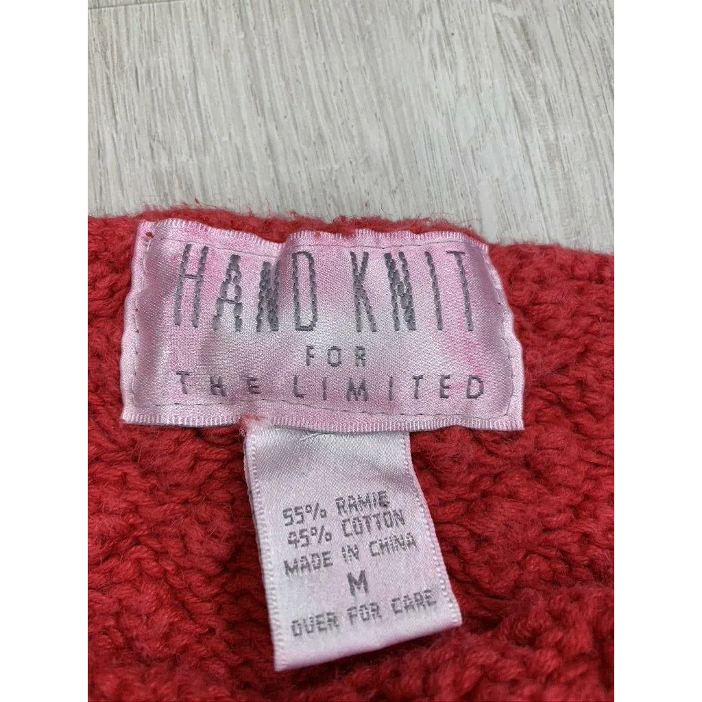 Red Cotton Handknit Pullover Sweater with all over cable design. Size M