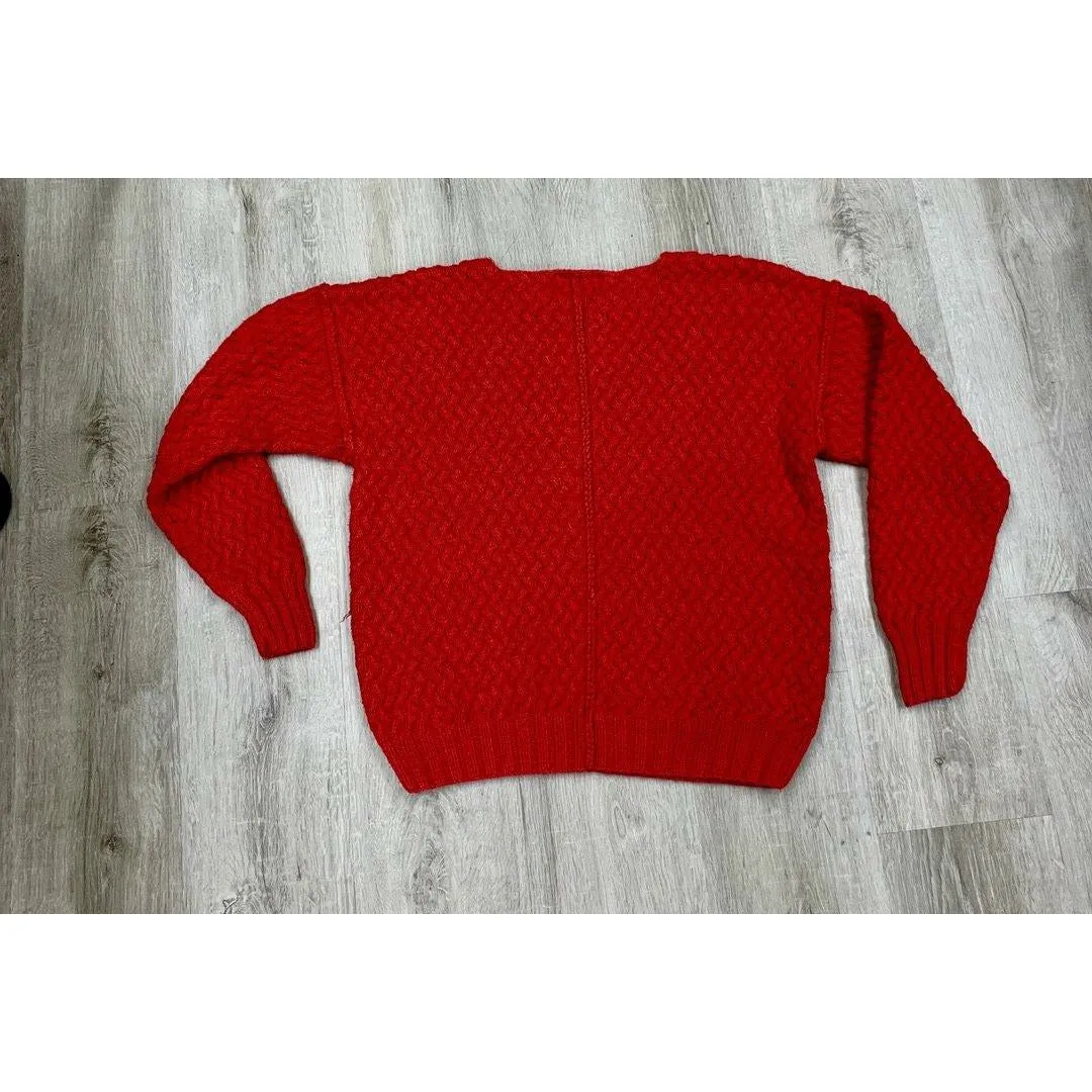 Red Cotton Handknit Pullover Sweater with all over cable design. Size M