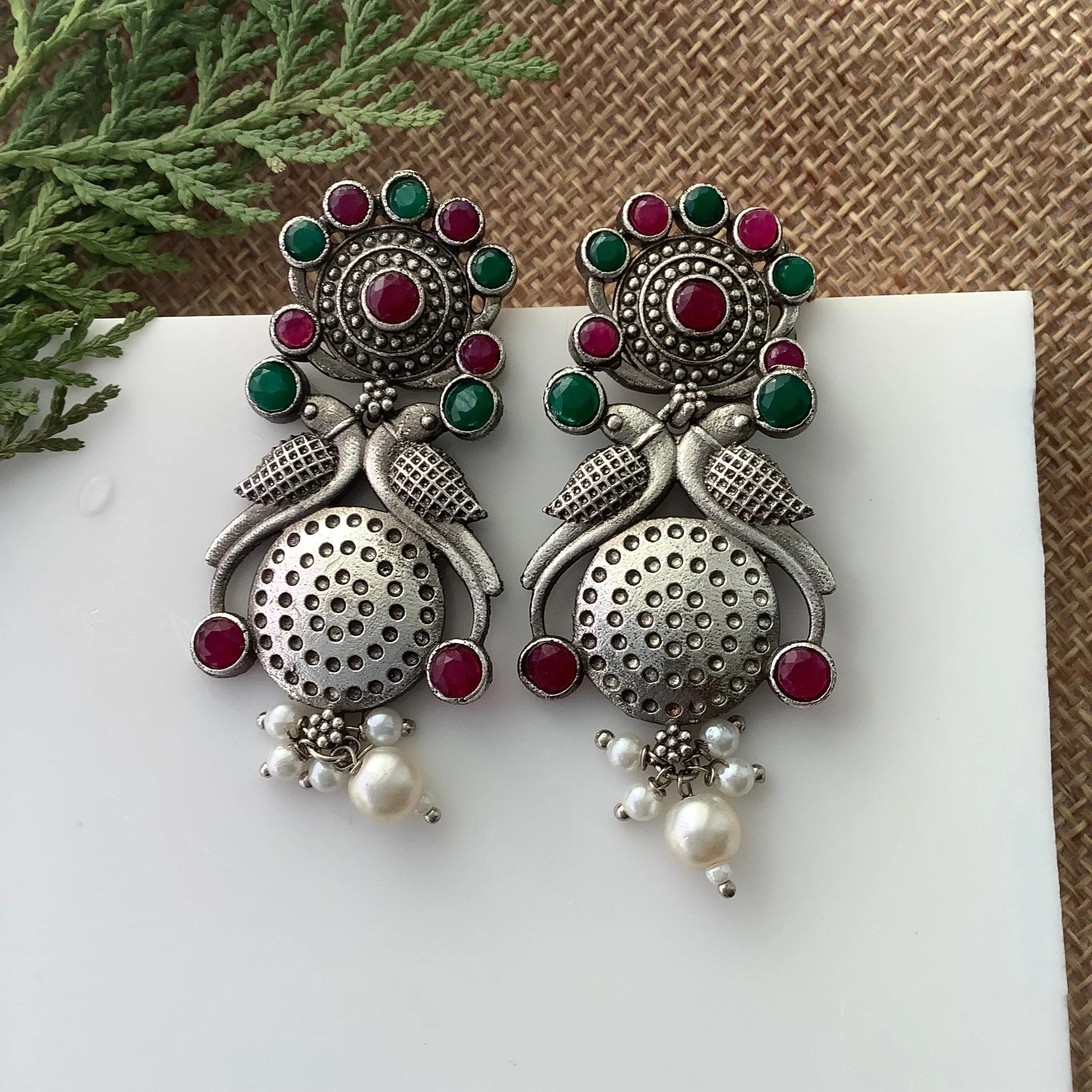 Salvanity Fashion Jewellery German Silver Do Pakshi Earrings