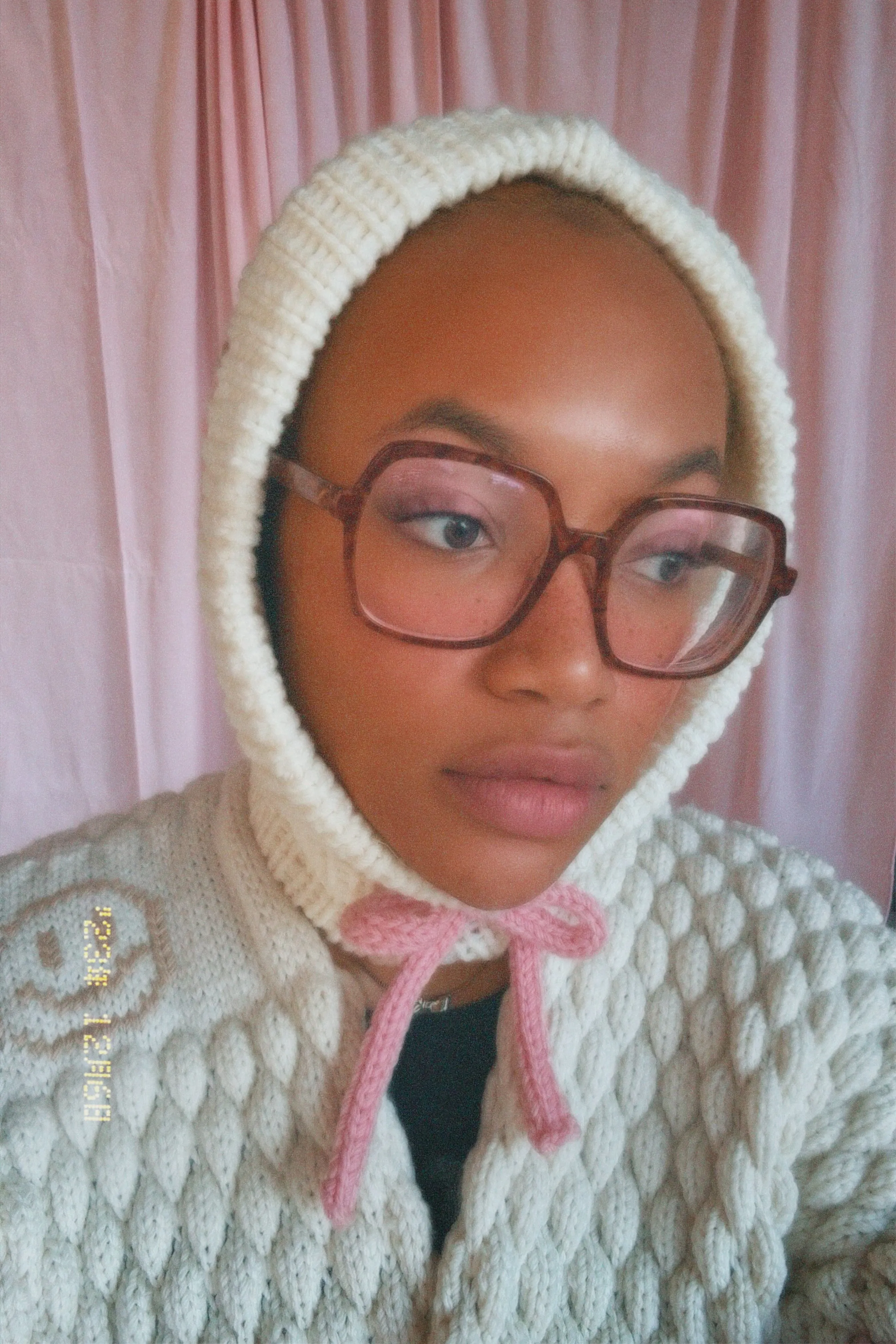 Smiley Aran Salmon, Ivory and Brown Balaclava