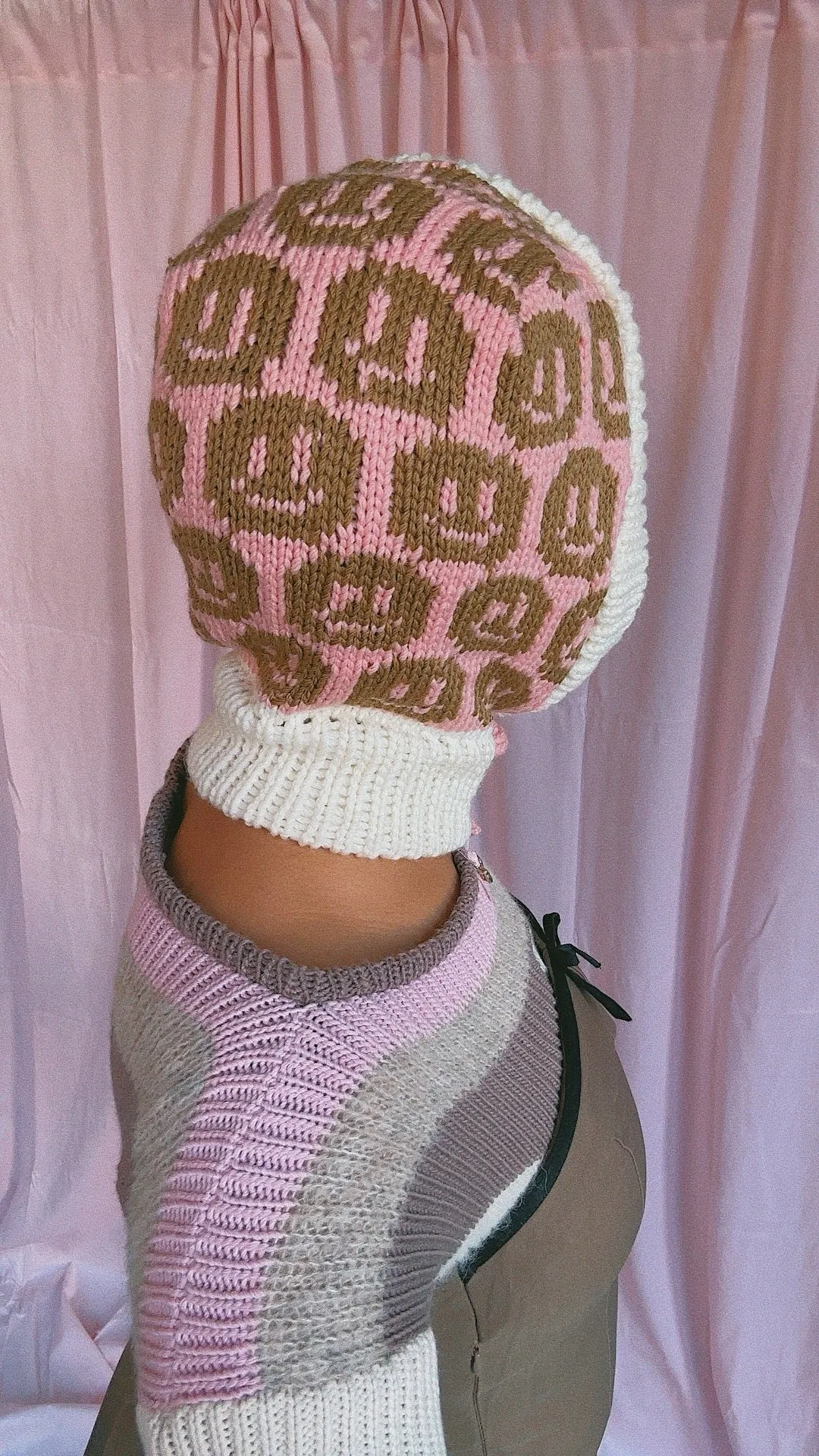 Smiley Aran Salmon, Ivory and Brown Balaclava