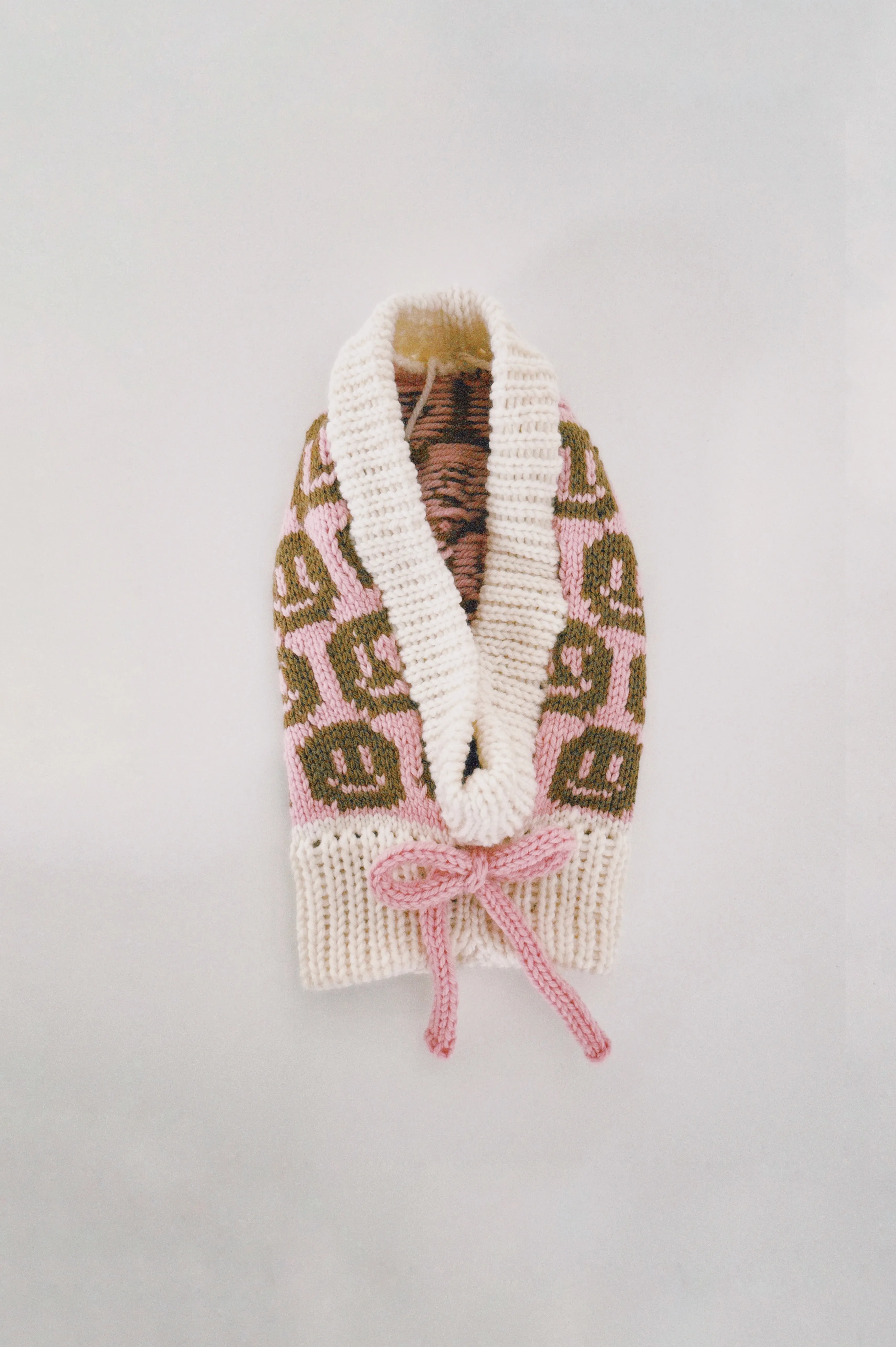 Smiley Aran Salmon, Ivory and Brown Balaclava