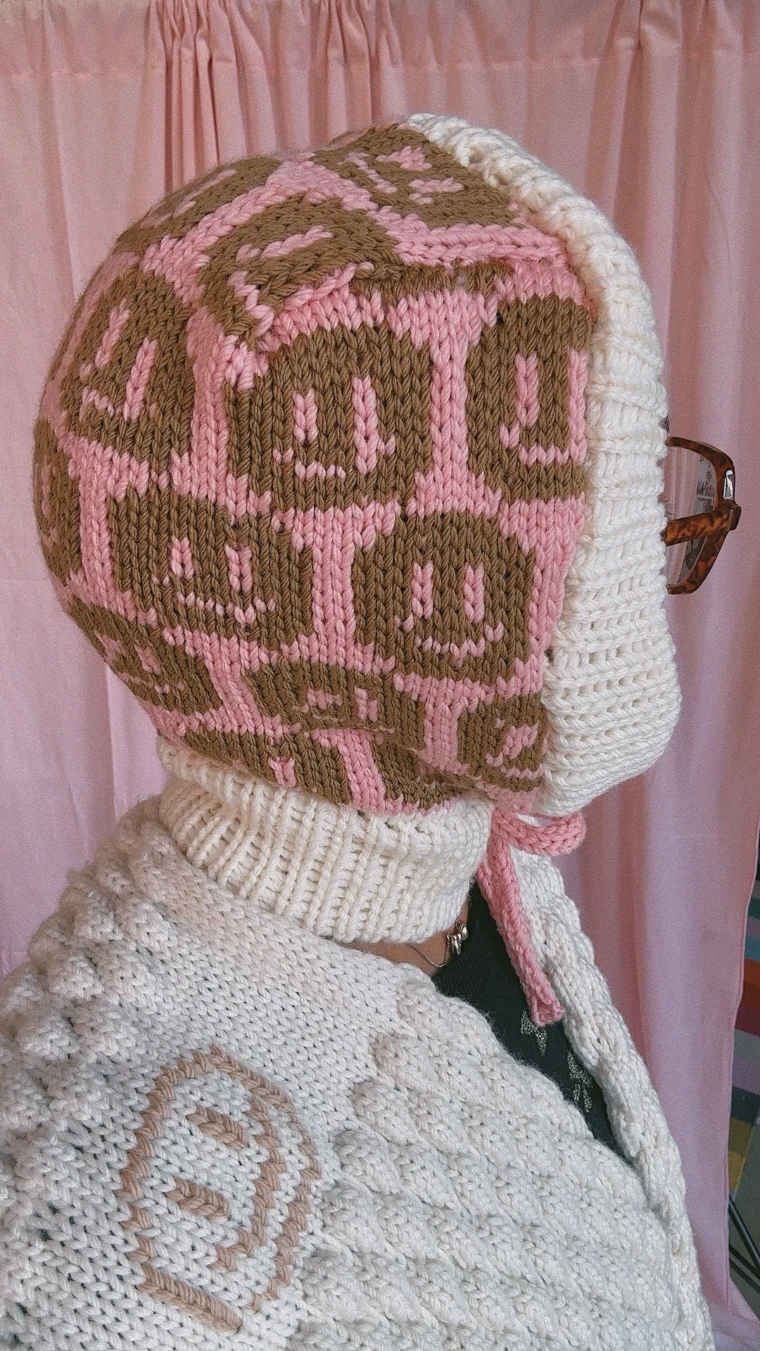 Smiley Aran Salmon, Ivory and Brown Balaclava