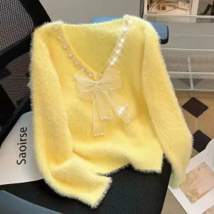 Soft Angira Feel Femme Bow Sweater Women Autumn Winter New Diamonds V-neck Long Sleeve Pullovers Simplicity Sweet Patchwork Top Tee All-match