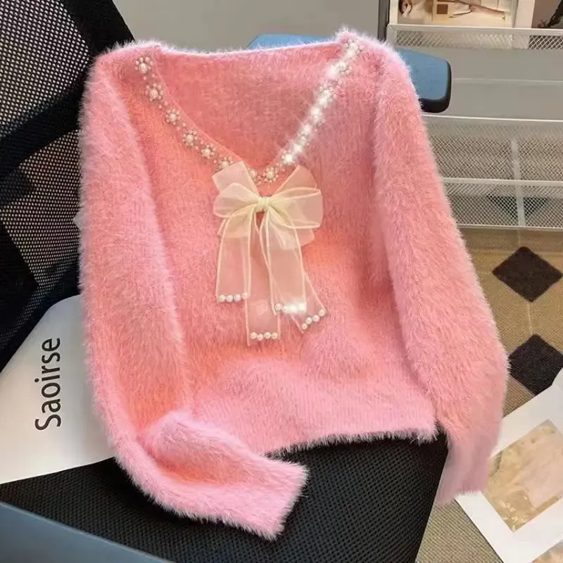 Soft Angira Feel Femme Bow Sweater Women Autumn Winter New Diamonds V-neck Long Sleeve Pullovers Simplicity Sweet Patchwork Top Tee All-match