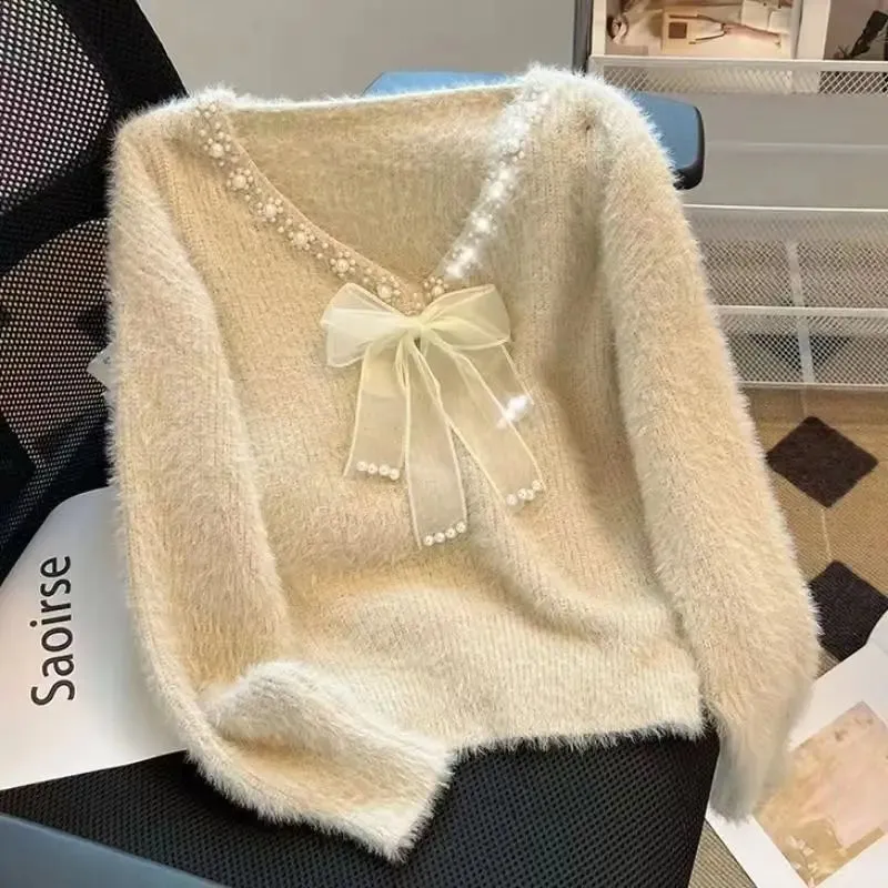 Soft Angira Feel Femme Bow Sweater Women Autumn Winter New Diamonds V-neck Long Sleeve Pullovers Simplicity Sweet Patchwork Top Tee All-match