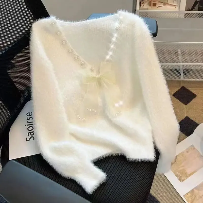 Soft Angira Feel Femme Bow Sweater Women Autumn Winter New Diamonds V-neck Long Sleeve Pullovers Simplicity Sweet Patchwork Top Tee All-match