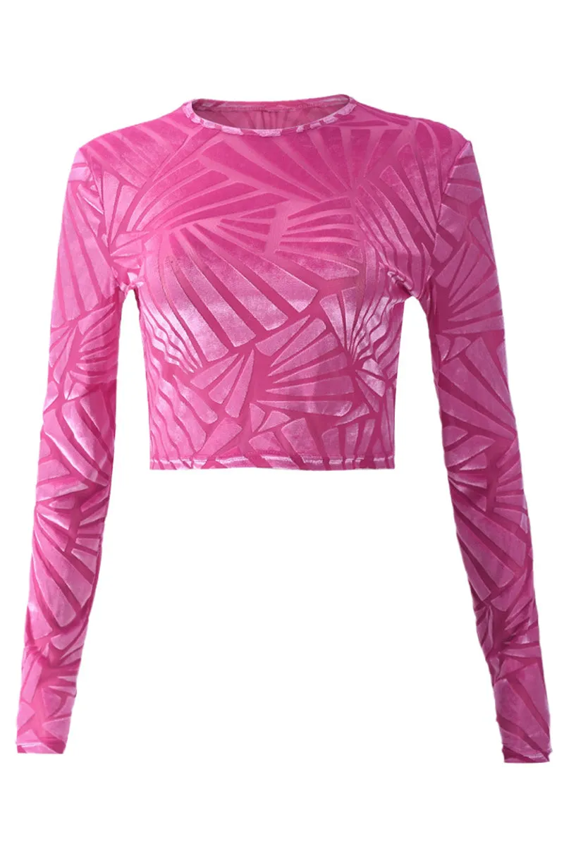 Solid Geometric Print Long Sleeve Crop Top
