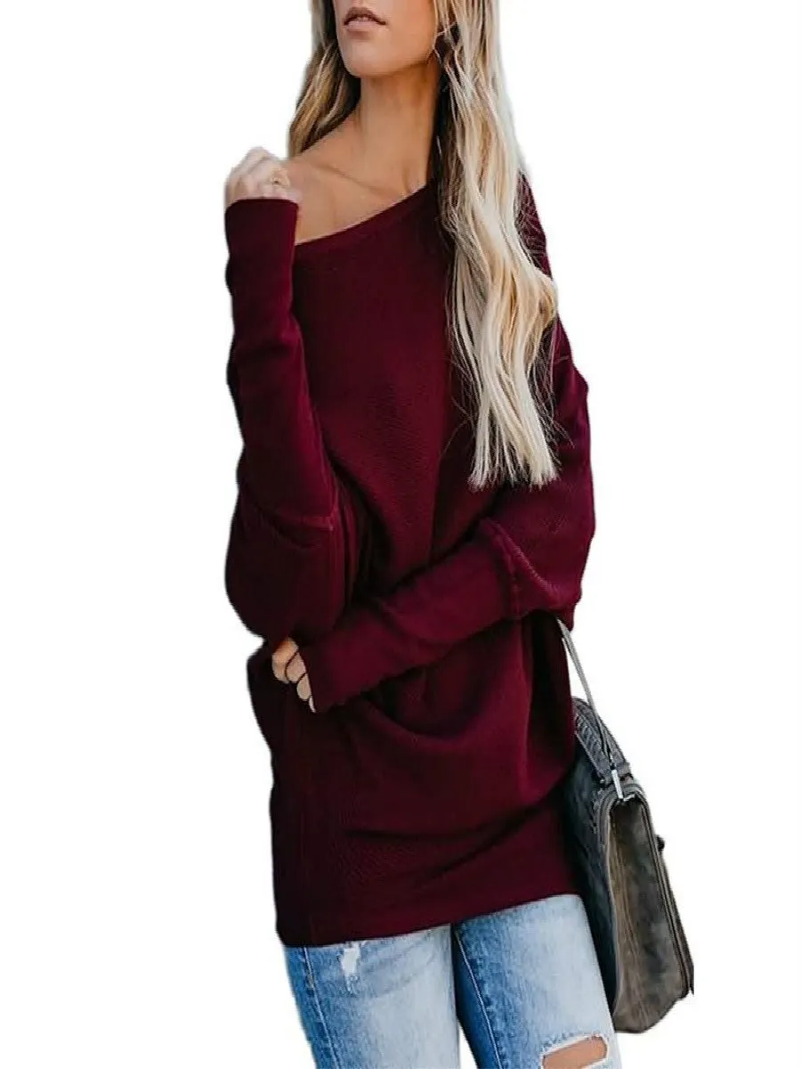 Sweater Female Solid Bat Long Sleeved Round Collar Casual Sweater Female