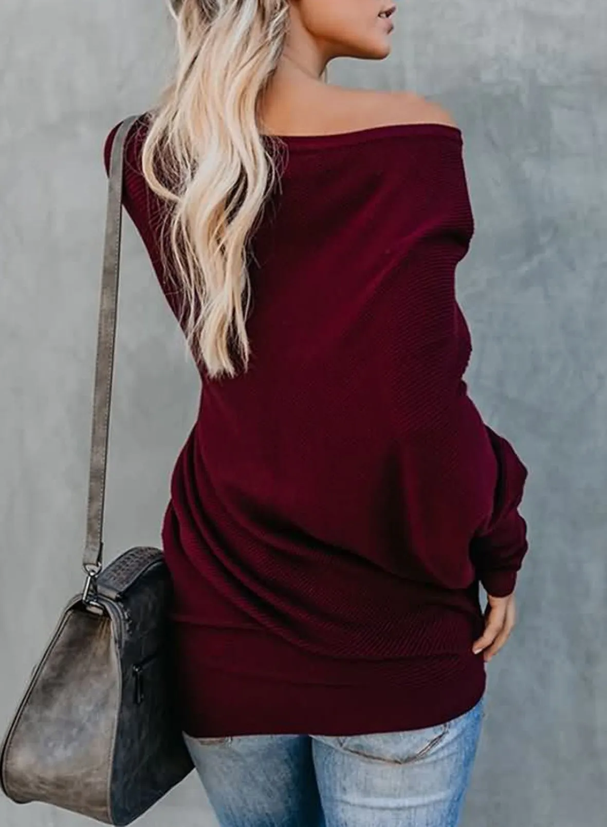 Sweater Female Solid Bat Long Sleeved Round Collar Casual Sweater Female