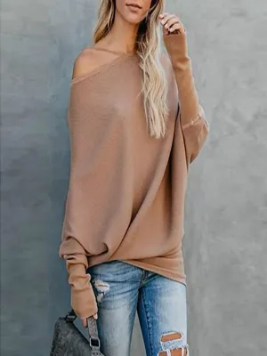 Sweater Female Solid Bat Long Sleeved Round Collar Casual Sweater Female
