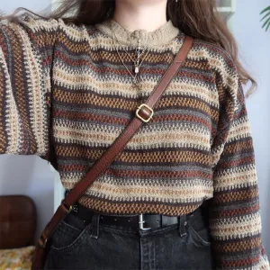 Voguable High Street Women Sweater Striped Contrasting Color Sweaters Vintage O-Neck Long Sleeve Knitwear Pullovers Women Clothes