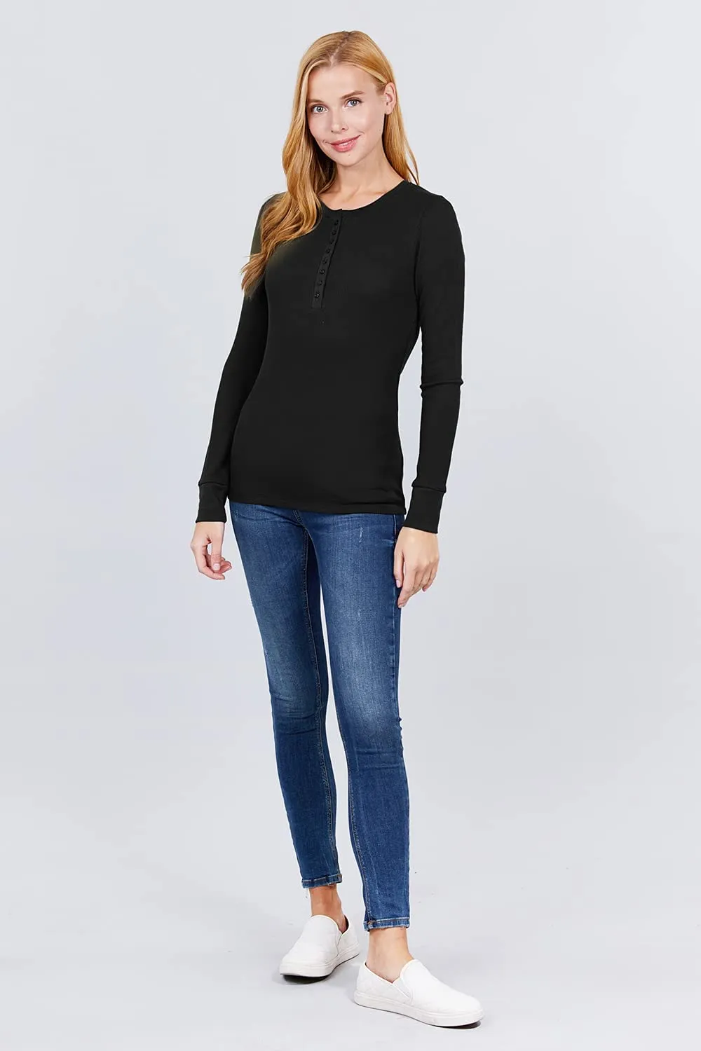 Women's Round Neck Long Sleeves Henley Thermal Knit Top