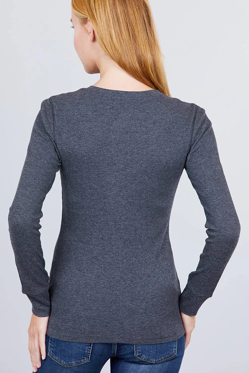 Women's Round Neck Long Sleeves Henley Thermal Knit Top
