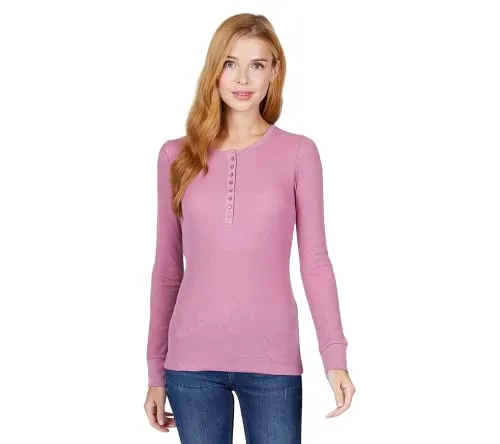 Women's Round Neck Long Sleeves Henley Thermal Knit Top