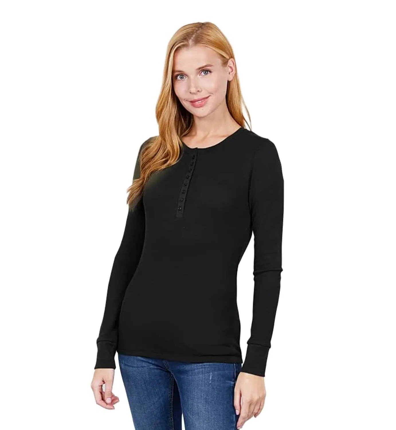 Women's Round Neck Long Sleeves Henley Thermal Knit Top
