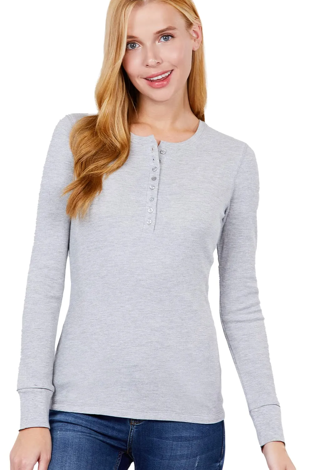 Women's Round Neck Long Sleeves Henley Thermal Knit Top