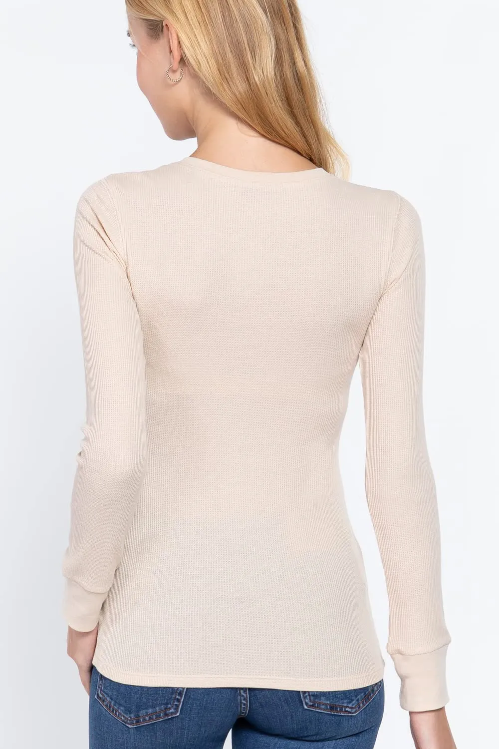 Women's Round Neck Long Sleeves Henley Thermal Knit Top