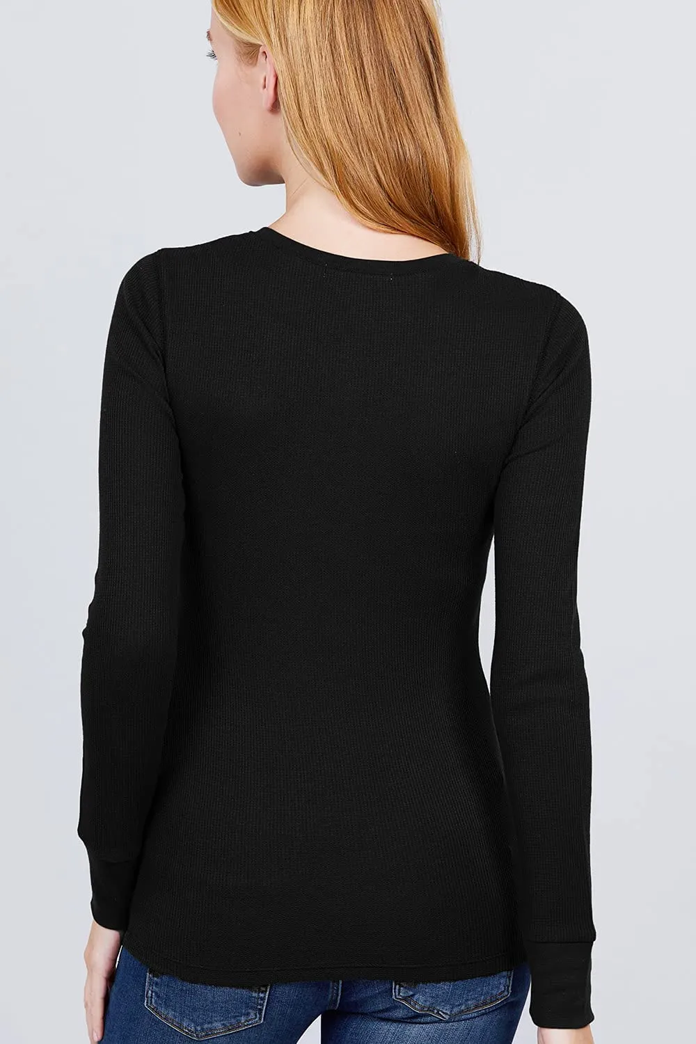 Women's Round Neck Long Sleeves Henley Thermal Knit Top