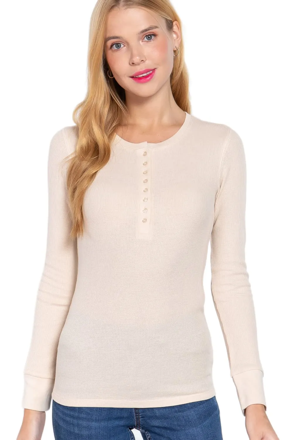 Women's Round Neck Long Sleeves Henley Thermal Knit Top