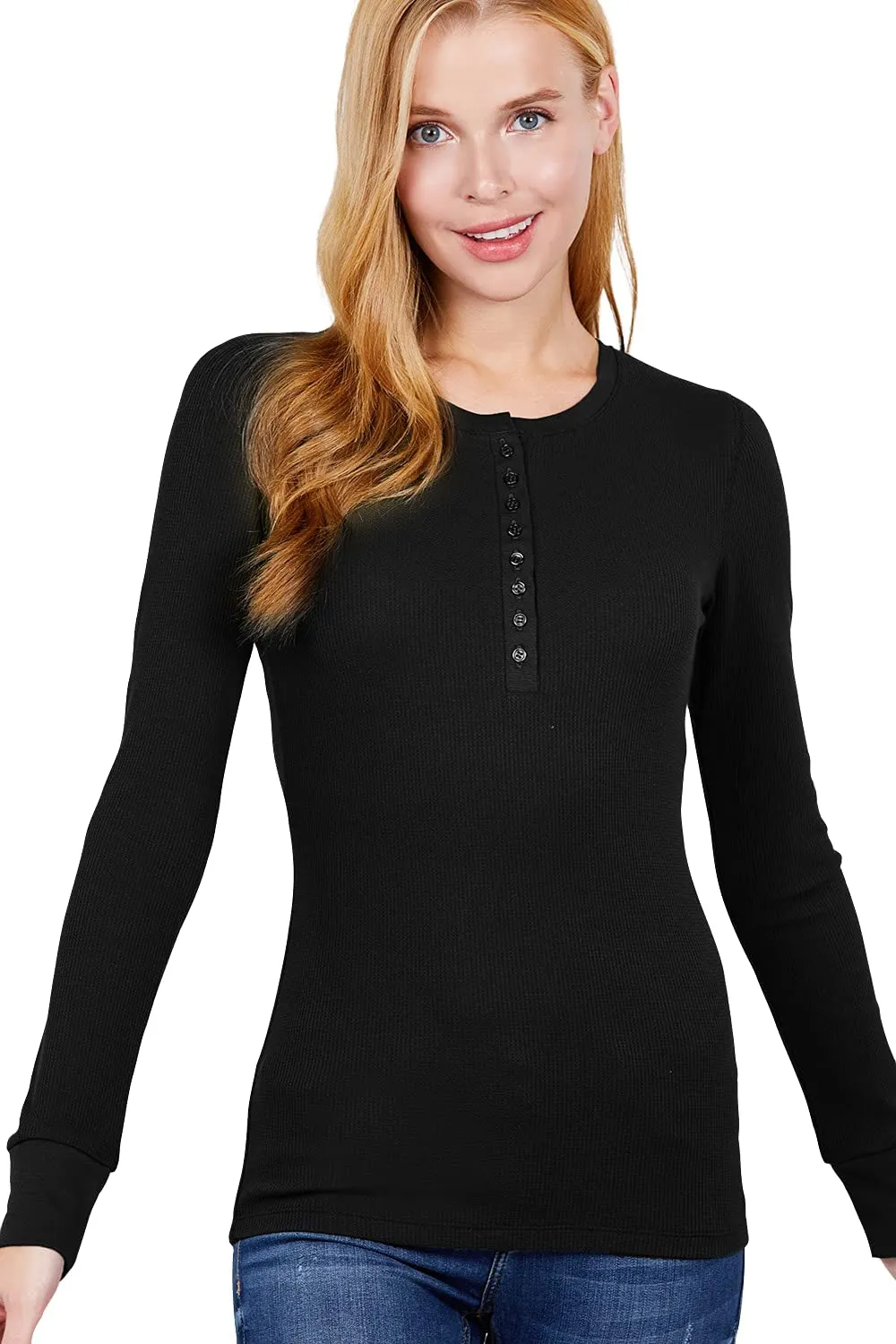Women's Round Neck Long Sleeves Henley Thermal Knit Top