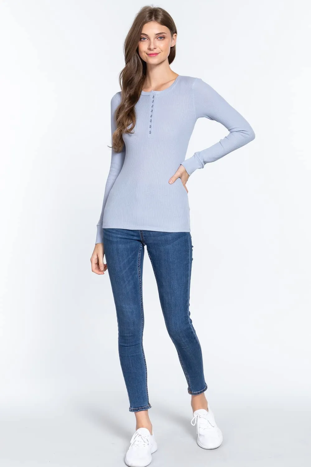 Women's Round Neck Long Sleeves Henley Thermal Knit Top
