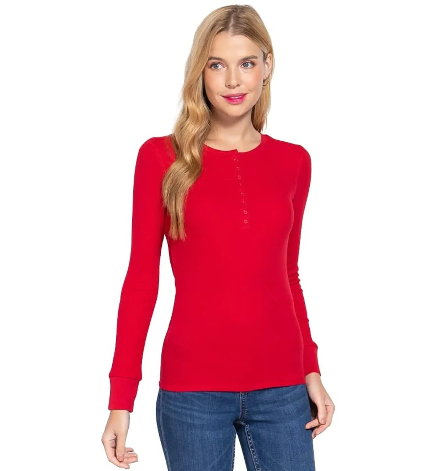 Women's Round Neck Long Sleeves Henley Thermal Knit Top