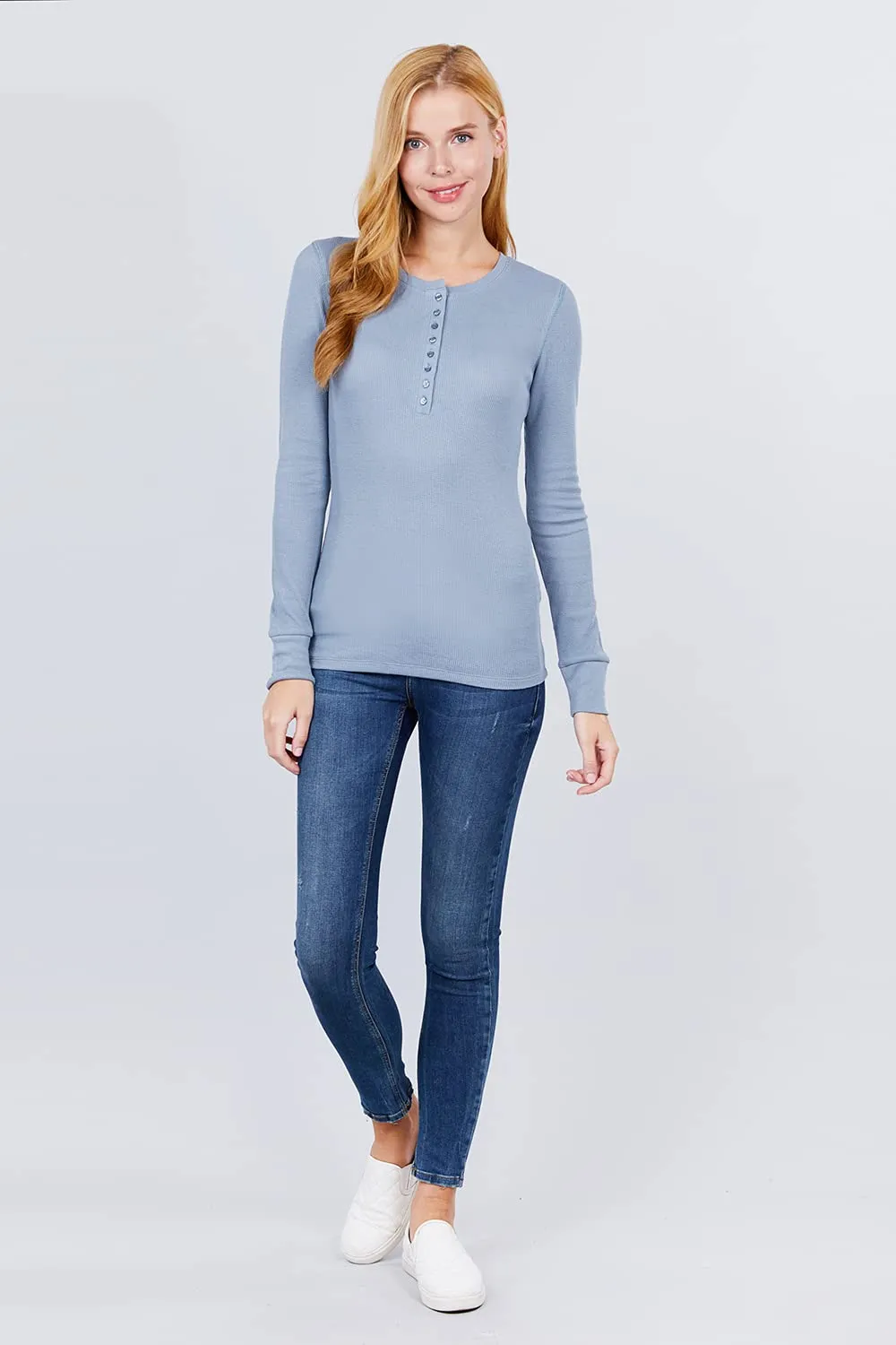 Women's Round Neck Long Sleeves Henley Thermal Knit Top