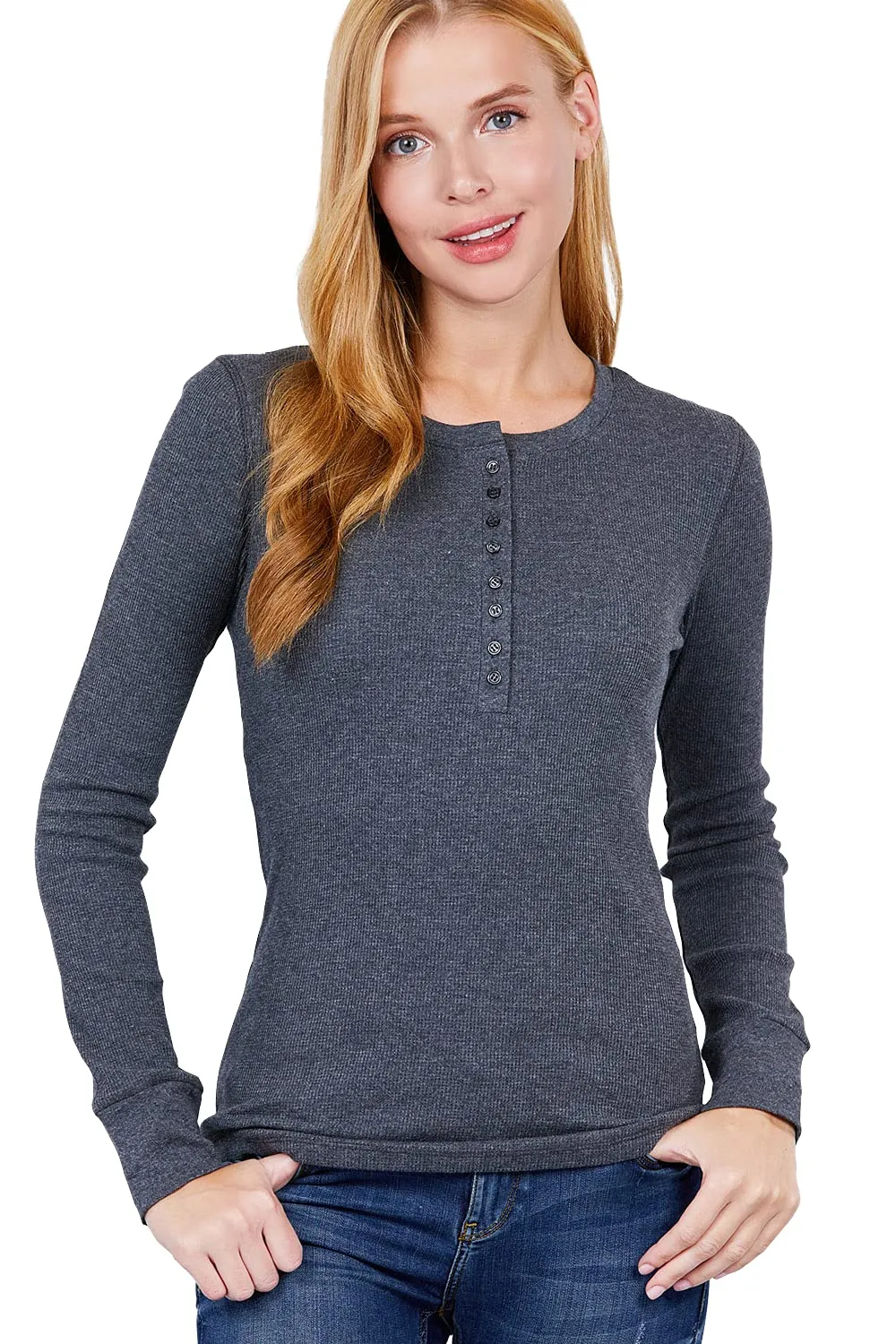 Women's Round Neck Long Sleeves Henley Thermal Knit Top