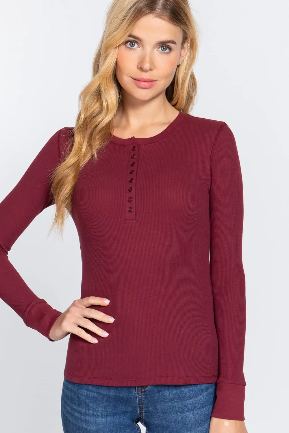 Women's Round Neck Long Sleeves Henley Thermal Knit Top