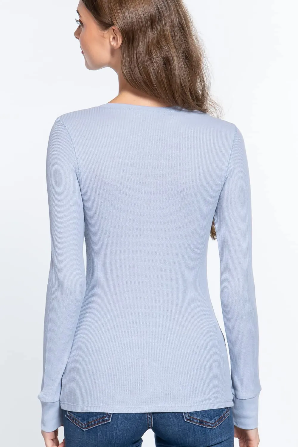 Women's Round Neck Long Sleeves Henley Thermal Knit Top