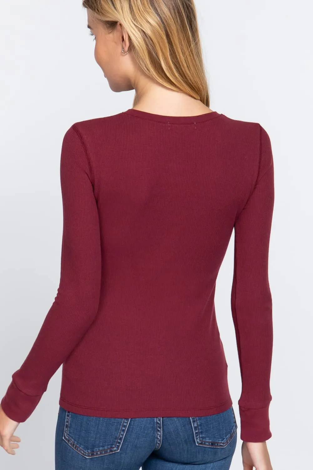 Women's Round Neck Long Sleeves Henley Thermal Knit Top