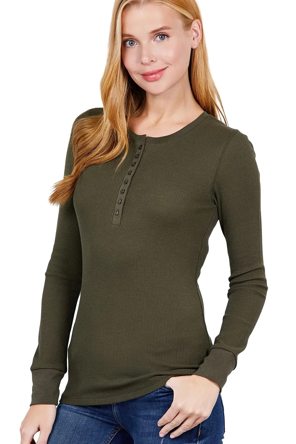 Women's Round Neck Long Sleeves Henley Thermal Knit Top