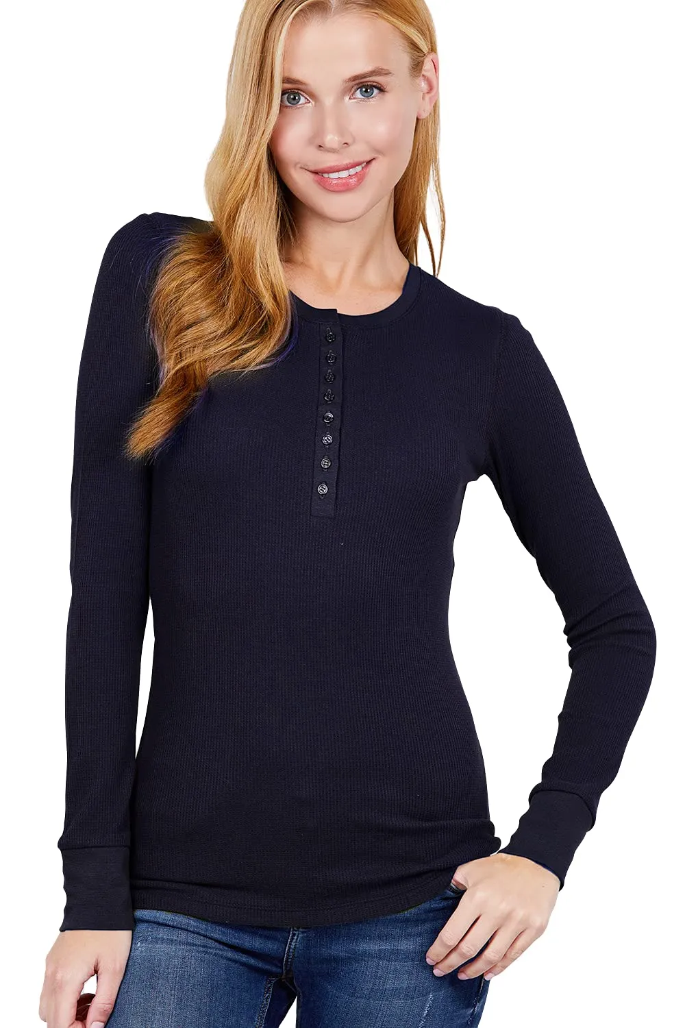 Women's Round Neck Long Sleeves Henley Thermal Knit Top