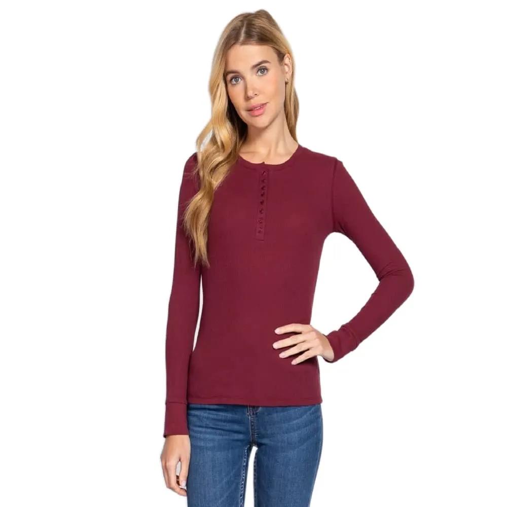 Women's Round Neck Long Sleeves Henley Thermal Knit Top