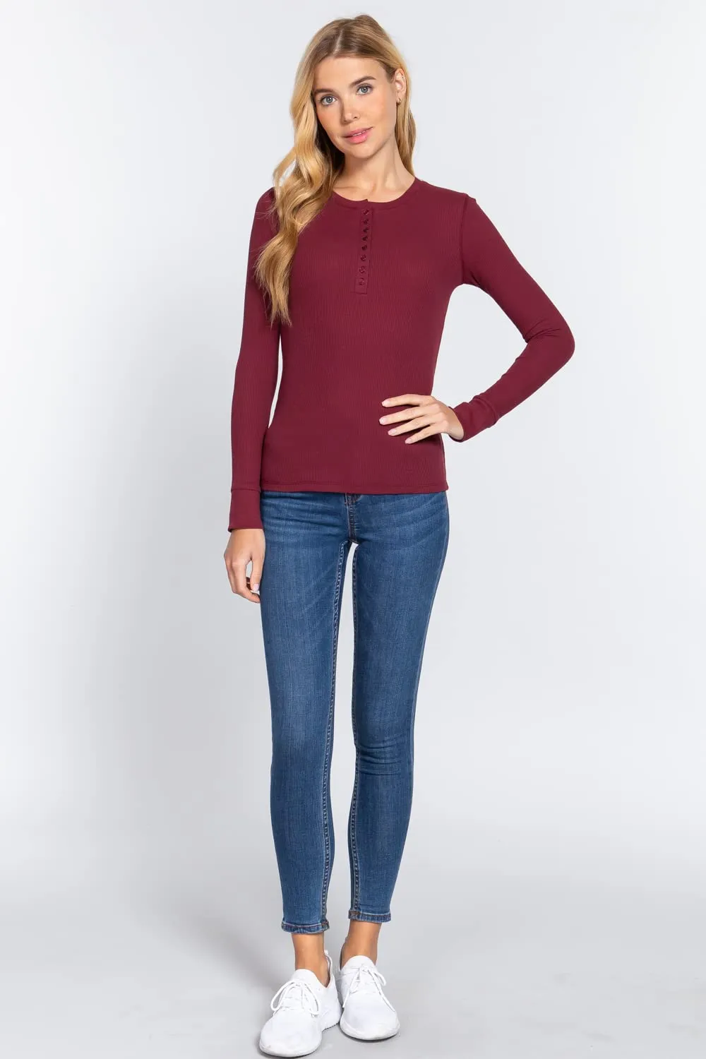 Women's Round Neck Long Sleeves Henley Thermal Knit Top