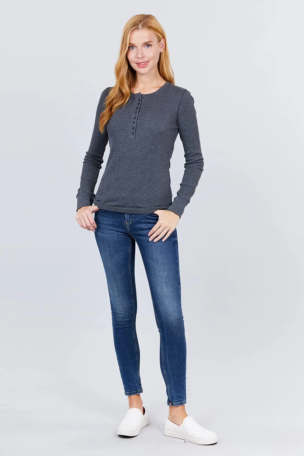 Women's Round Neck Long Sleeves Henley Thermal Knit Top