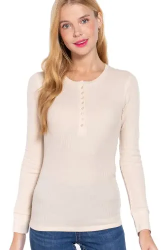 Women's Round Neck Long Sleeves Henley Thermal Knit Top