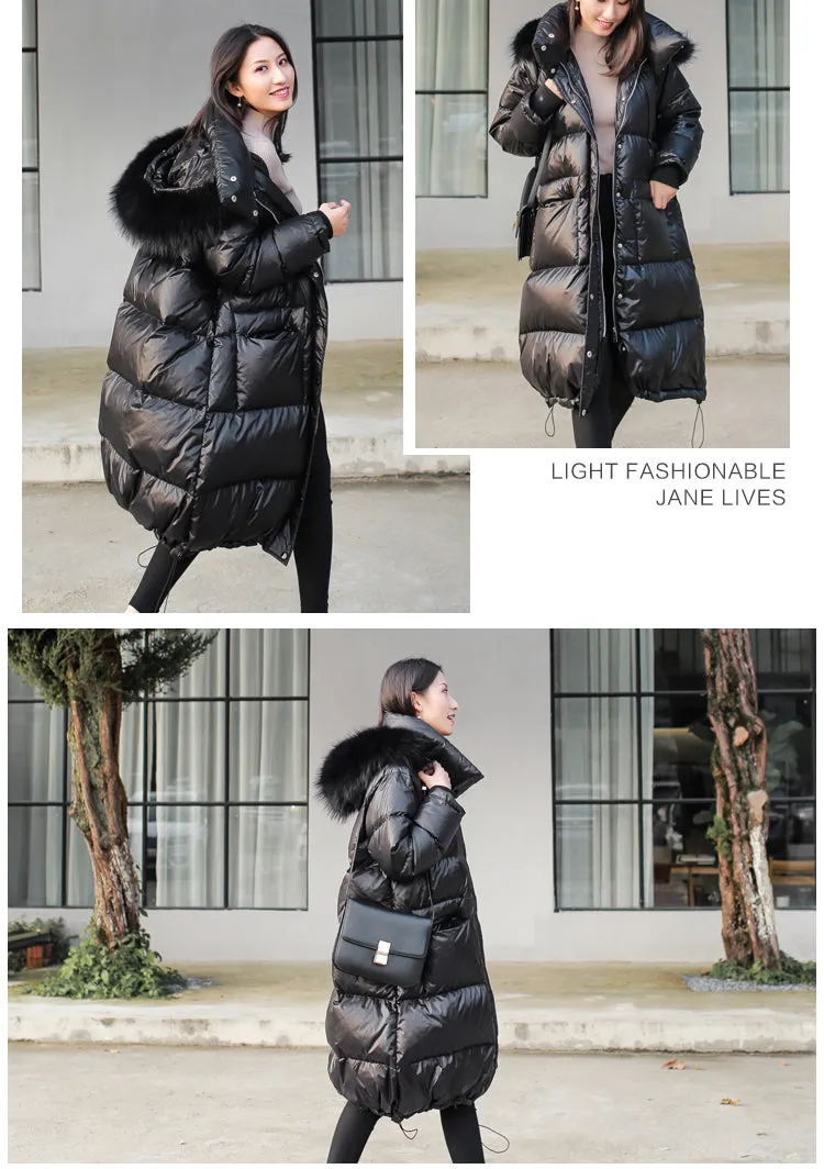 Women's winter black loose faux fur collar coat